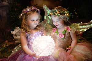 Two children in fairy costumes holding a glowing magical orb in a woodland setting.