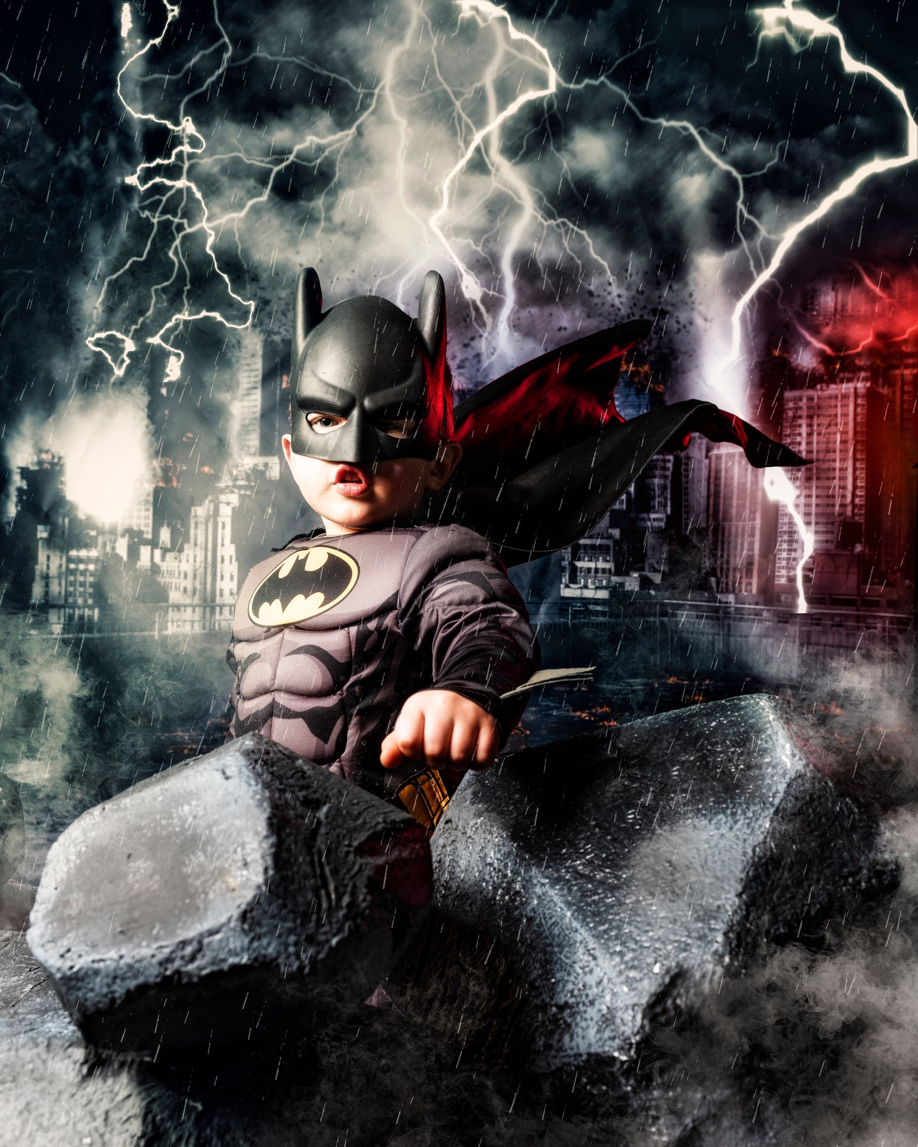 Child in Batman costume standing on a rock with a cityscape and lightning in the background